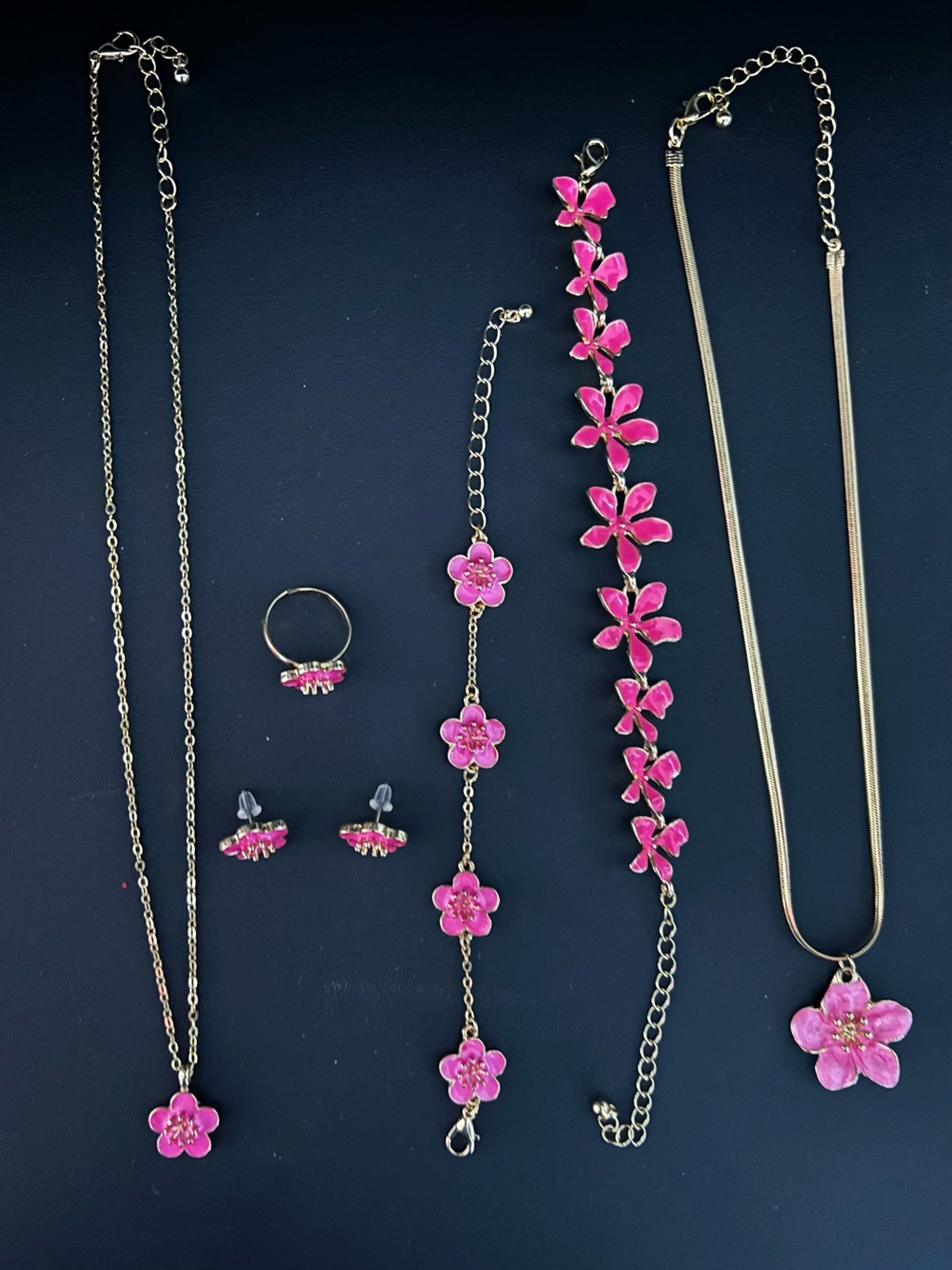 Pink Flower Jewelry Set and Purse - Gold Tone Necklace, Bracelet, Ring & Earring